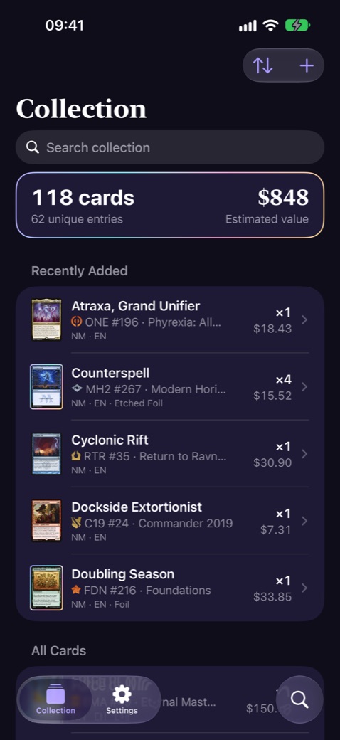 The collection screen: 118 cards worth an estimated $848, with recently added cards