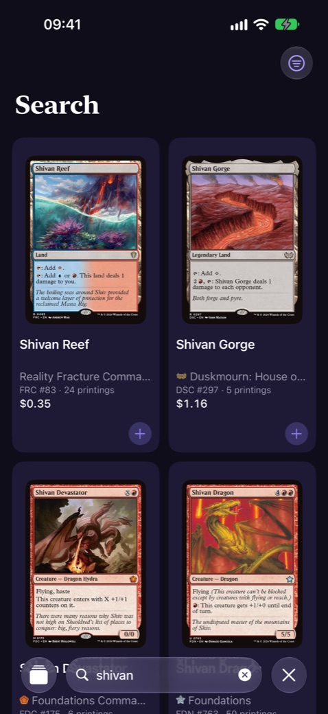 Searching for Shivan cards, shown as a grid of card images with prices